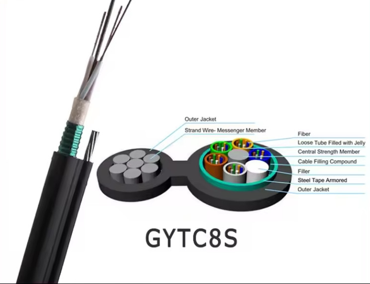Cáp trên không GYTC8S bọc thép hình 8 với băng thép 24 36 48 72 Cáp quang sợi G652D